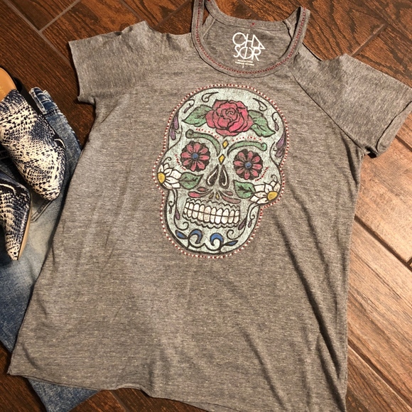 Chaser ~ upcycled ~ Tops - Chaser Cold Shoulder Embellished Sugar Skull